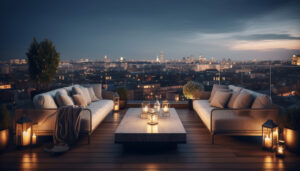 urban rooftop couches in the evening